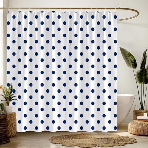 Polka Dot Shower Curtain Blue White Retro Spot Vintage Fabric Decorative Bathroom Curtains with Hooks,60" Wx70 H