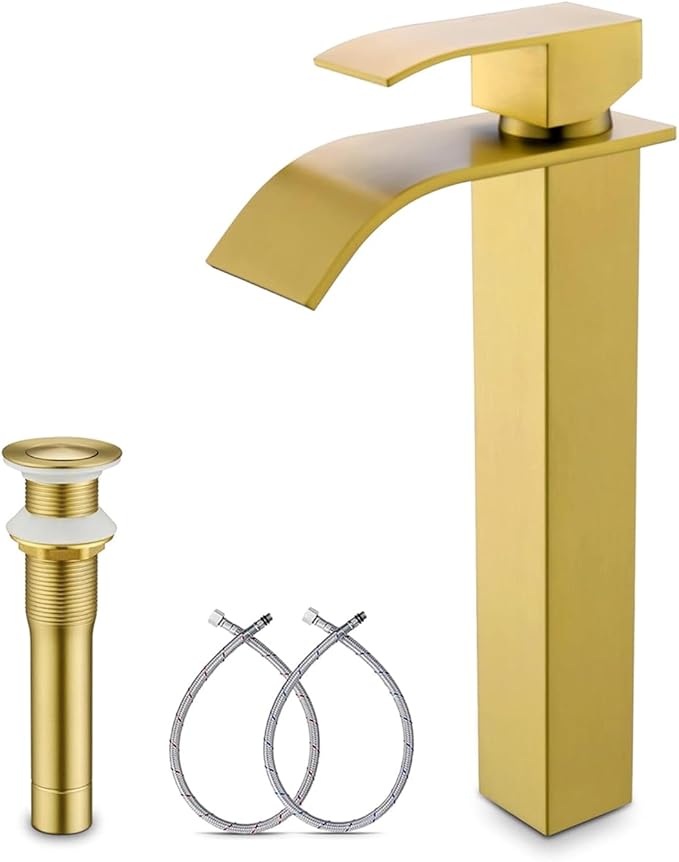Gold Vessel Sink Facuet, Brushed Gold Tall Bathroom Sink Faucet Waterfall Bathroom Faucet for Vessel Sinks Single Handle Bathroom Vanity Faucet