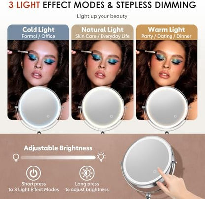 ZLOKLA 9" Wall Mounted Lighted Makeup Mirror,4000mAh Rechargeable Double Sided 1X/20X Magnifying Mirror with Light,Touch Dimmable,Extended Arm 360 Rotation Wall Mounted Makeup Mirror 3 Color Lights