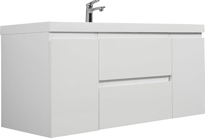 Floating Bathroom Vanity with Sink, 48" Wall-Mounted Bathroom Storage Vanity Cabinet with Resin Top Basin and Soft Close Drawers, No Assembly Required, Glossy White