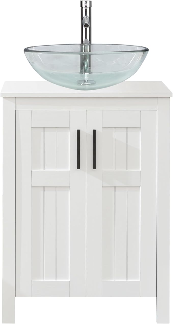 UEV White 24" Bathroom Vanity with Sink Combo,Modern Vanity with Vessel Sink,Stylish Bathroom Vanity Cabinet,Grooved Doors & Metal Handles,Modern Glass Round Bowl Tempered Glass Vessel Sink(A16)