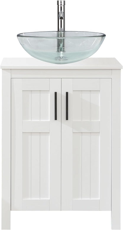 UEV White 24" Bathroom Vanity with Sink Combo,Modern Vanity with Vessel Sink,Stylish Bathroom Vanity Cabinet,Grooved Doors & Metal Handles,Modern Glass Round Bowl Tempered Glass Vessel Sink(A16)