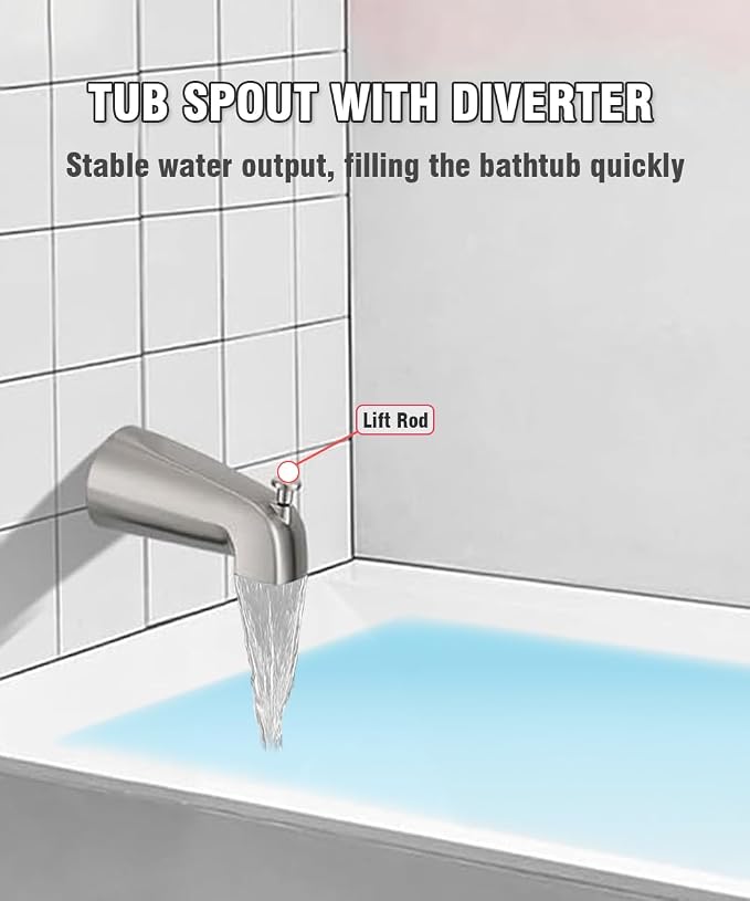 Tub Spout with Diverter, Slip On Bathtub Spout Fits 1/2'' Copper Tube(5/8'' Dia), Bathroom Tub Faucet with PTFE Tape & Hex Wrench, Brushed Nickel