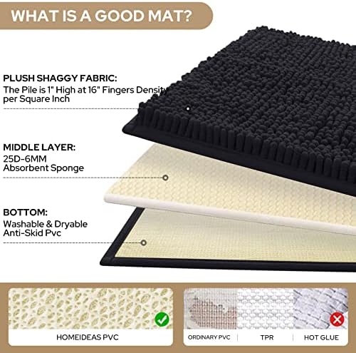 HOMEIDEAS Black Long Chenille Bathroom Rugs Set of 3, Non Slip Bath Mat