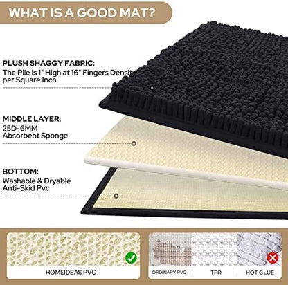 HOMEIDEAS Black Long Chenille Bathroom Rugs Set of 3, Non Slip Bath Mat