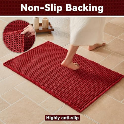 Triohero Waffle Bath Mat, Small Boho Bathroom Rugs Non Slip 16x24 Burgundy
