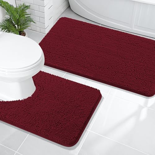OLANLY Chenille Bathroom Rugs Mats Sets 2 Piece, 47"x20"+24"x20", Burgundy