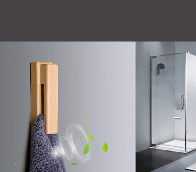 JINMURY Wood Towel Hooks -Set of 2 Self Adhesive Vintage Towel Holder Wooden Wall Mounted Towel Racks for Bathroom and Kitchen Home Decor- Quick Drying, Firmly Holds(Beech)