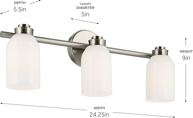 Kichler Shae 24.25" 3-Light Vanity Light with White Opal Glass in Brushed Nickel, for Bathroom Vanity, Powder Room, Over a Mirror, (24.25" W x 9" H), 55202NI