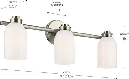 Kichler Shae 24.25" 3-Light Vanity Light with White Opal Glass in Brushed Nickel, for Bathroom Vanity, Powder Room, Over a Mirror, (24.25" W x 9" H), 55202NI