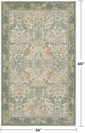 Boho Large Entryway Rugs Indoor - Sage Green 3x5 Washable Rugs for Kitchen Bedroom Beside Bed Laundry Room Door Mat Indoor Entrance with Light Green Woodland Flowers, Non Slip Stain Resistant Low Pile
