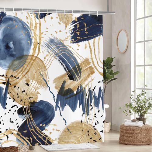 deFouliao Boho Shower Curtain, Mid Century Abstract Blue Gold Waterproof Shower Curtain for Bathroom Bathtub Home Curtain Decor, Washable with Hooks, 65Wx72L