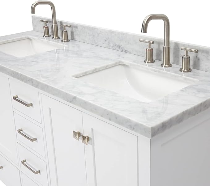ARIEL Cambridge 60-inch Bathroom Vanity with Sink,Solid Wood, 1.5-inch Italian Carrara Marble Countertop, Double Rectangular Porcelain Sink, 4 Soft Closing Doors, 6 Dovetail Drawers, White