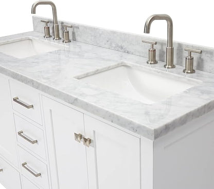 ARIEL Cambridge 60-inch Bathroom Vanity with Sink,Solid Wood, 1.5-inch Italian Carrara Marble Countertop, Double Rectangular Porcelain Sink, 4 Soft Closing Doors, 6 Dovetail Drawers, White