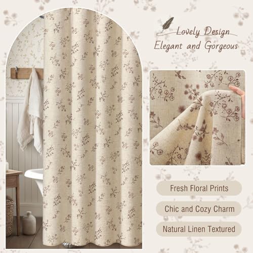 Brown Floral Farmhouse Vintage Linen Shower Curtain French Country 72Wx72H