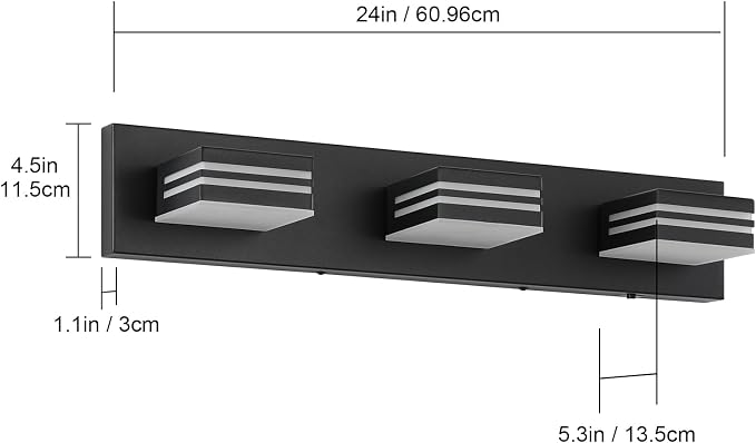 LED Modern Bathroom Vanity Light Fixtures (3-Light, 24-Inch)(5CCT, Dimmable), Matte Black Modern Bathroom Wall Lighting Fixtures Over Mirror (3000K/3500K/4000K/5000K/6000K)