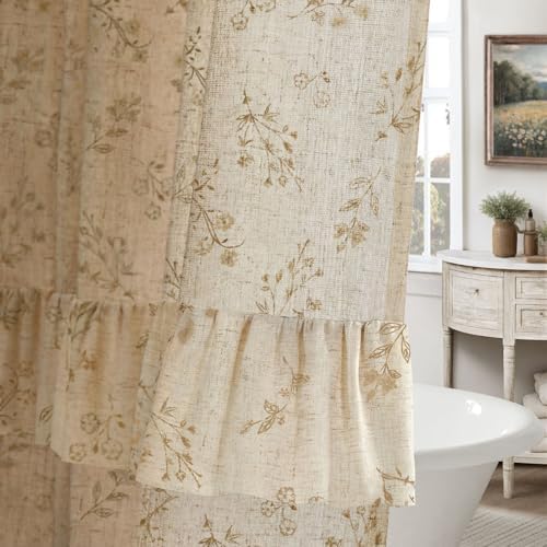 Beige Floral Farmhouse French Country Ruffle Linen Shower Curtain 72Wx72H