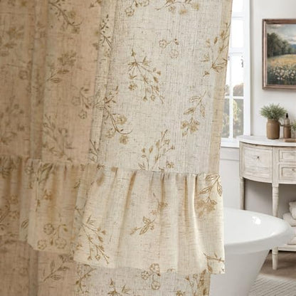Beige Floral Farmhouse French Country Ruffle Linen Shower Curtain 72Wx72H