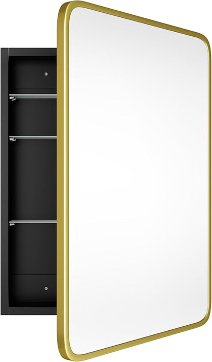 Bathroom Wood Black Cabinet with 20''x30'' Brushed Gold Metal Frame Curved Mirror, Recessed Medicine Cabinet, Bathroom Storage Cabinet