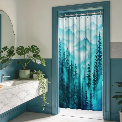 Dark Teal Forest Stall Shower Curtain, 47X64 in Narrow Small, Mountain