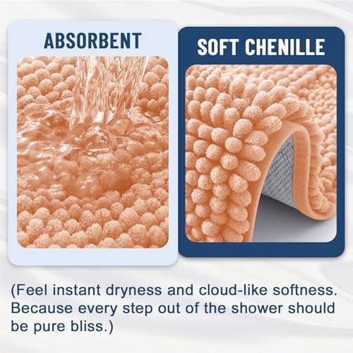 Grandaily Chenille Striped Bathroom Rugs 36x24, Extra Thick and Soft Absorbent Bath Mats, Rubber Backing, Plush Shaggy Shower Carpet, Machine Wash Dry, Bath Rug for Bathroom, Peach
