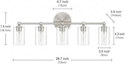 Brushed Nickel Vanity Light with 3 Color Modes, Eye Protection LED Bathroom Light Fixtures, Dimmable Modern Wall Light Over Mirror with Clear Glass Shade (Brushed Nickel, 5-Light)