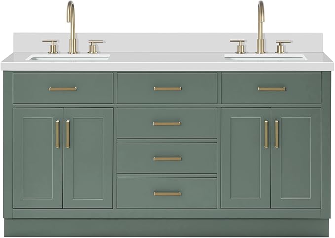 ARIEL Hepburn 67 Inch Double Rectangle Sink Bathroom Vanity with Pure White Quartz Countertop 1.5 Inch in Vintage Green