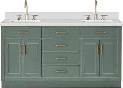 ARIEL Hepburn 67 Inch Double Rectangle Sink Bathroom Vanity with Pure White Quartz Countertop 1.5 Inch in Vintage Green