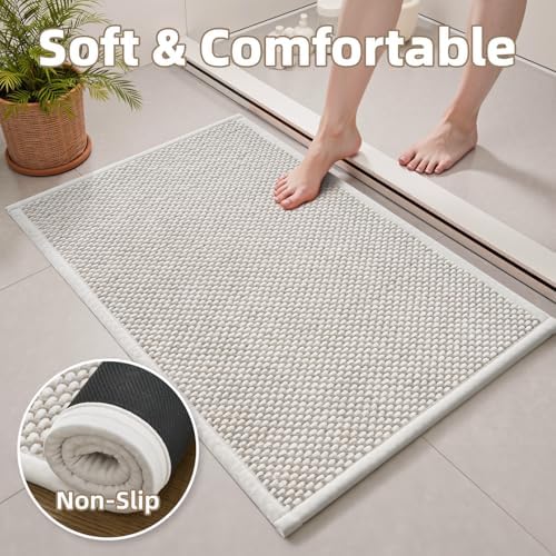 PADOOR-Bath Mat Runner-Super Absorbent Chenille Bathroom Mats-Rubber Backed Bath Mats for Bathroom Non Slip, Easy Clean Bathroom Runner Rugs Front of Bathtub,Shower Room,Sink-24×48, Beige&Cream
