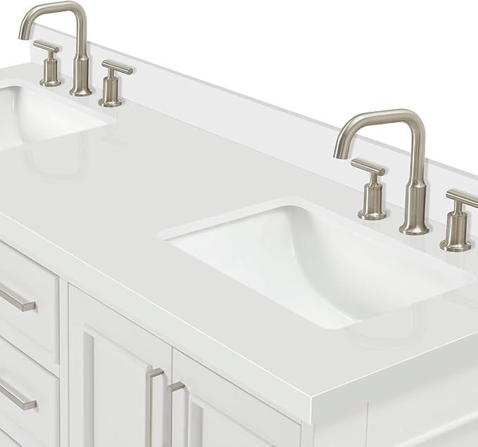 ARIEL Stafford 60-inch Bathroom Vanity with Sink,Solid Wood, 1.5-inch Pure White Quartz Countertop & Backsplash, Double Rectangular Porcelain Sink, 4 Soft Closing Doors, 6 Dovetail Drawers, White