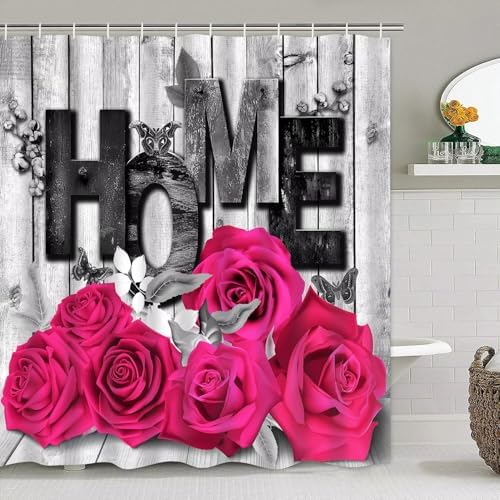 Yddsky 4 Pcs Pink Rose Shower Curtain Set with Rugs Bathroom Set