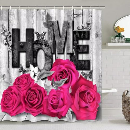 Yddsky 4 Pcs Pink Rose Shower Curtain Set with Rugs Bathroom Set