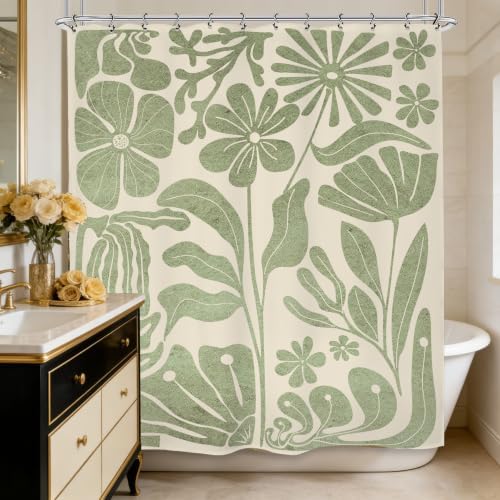 Sage Green Matisse Flower Shower Curtain 60Wx72L Inch Abstract Retro Minimalist Vintage 70s Aesthetic Bathroom Set Accessories Decor with 12 Pack Hooks