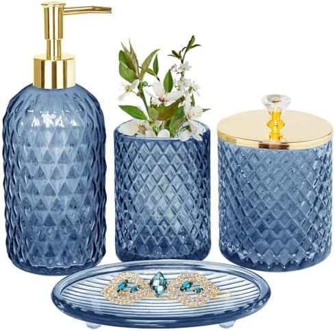 Haturi Glass Bathroom Accessories Set, Navy Blue Bathroom Set, 4 Pcs