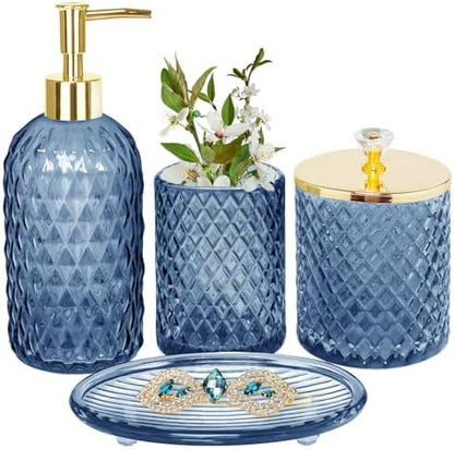 Haturi Glass Bathroom Accessories Set, Navy Blue Bathroom Set, 4 Pcs