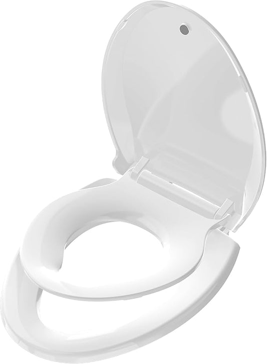 Family Toilet Seat Elongated, Built-in Toddler Potty Training Seat, Baby Toilet lid 2 in 1 Soft Close Quiet with Magnet, Easy Clean PP Material Safe and No Loosen (White Elongated 18.5 Inch)