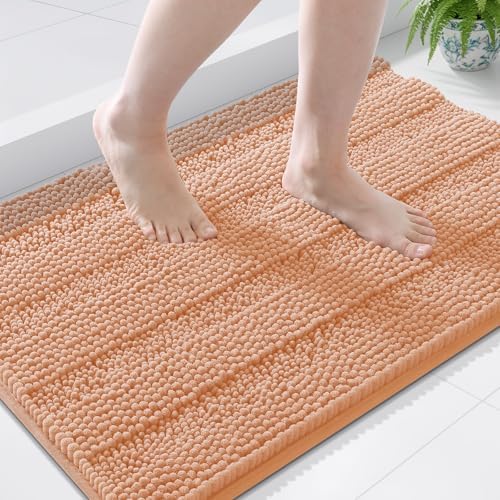 Grandaily Chenille Striped Bathroom Rugs 36x24, Extra Thick and Soft Absorbent Bath Mats, Rubber Backing, Plush Shaggy Shower Carpet, Machine Wash Dry, Bath Rug for Bathroom, Peach