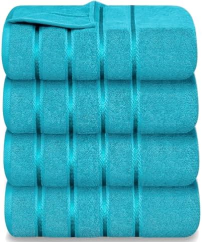 Luxury Bath Towels Set of 4, 27x54 Inches 600GSM 100% Cotton Ring Spun – Daily Use Highly Absorbent Viscose Stripe Bath Towel Sets for Bathroom, Hotel, Spa (Turquoise)