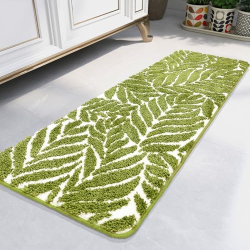 Grass Green Leaf Bathroom Runner - Bath Mats Non Slip Machine Washable Bathroom Decor Water Absorbent Bath Rugs for Sink Bathtub and Shower Leaves 18" x 47"