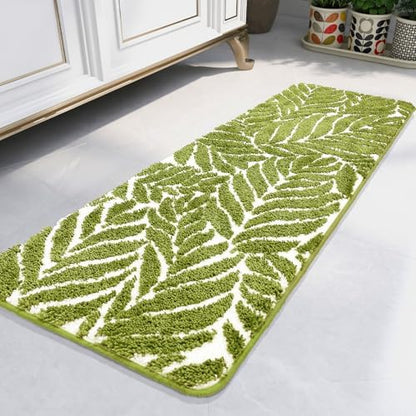 Grass Green Leaf Bathroom Runner - Bath Mats Non Slip Machine Washable Bathroom Decor Water Absorbent Bath Rugs for Sink Bathtub and Shower Leaves 18" x 47"