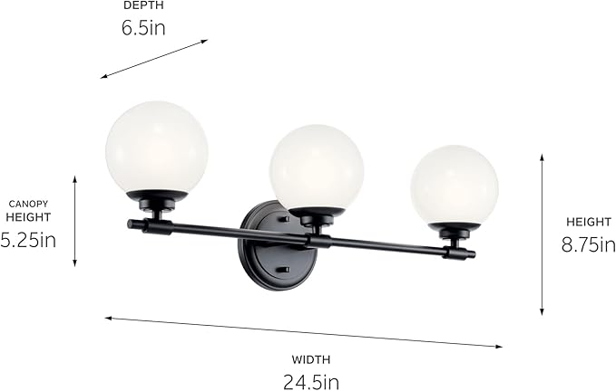 Kichler Benno 3-Light Vanity, Modern Light with Opal Glass in Black, for Bathroom or Powder Room (8.75" x 24.5"), 55172BK