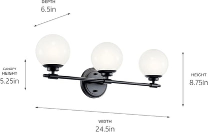 Kichler Benno 3-Light Vanity, Modern Light with Opal Glass in Black, for Bathroom or Powder Room (8.75" x 24.5"), 55172BK
