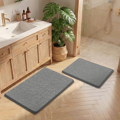 Bcoimo Bath Rug Mat Sets, 2 Piece Extra Soft Chenille Gray Bathroom Mat Set