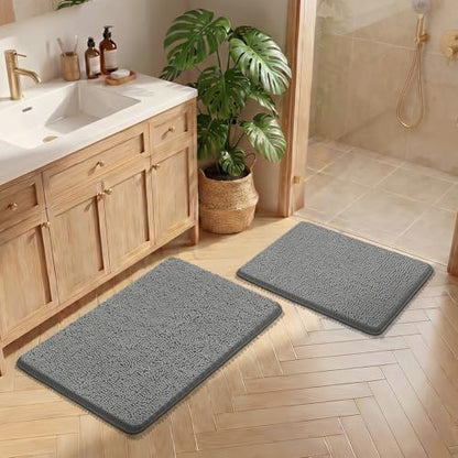 Bcoimo Bath Rug Mat Sets, 2 Piece Extra Soft Chenille Gray Bathroom Mat Set