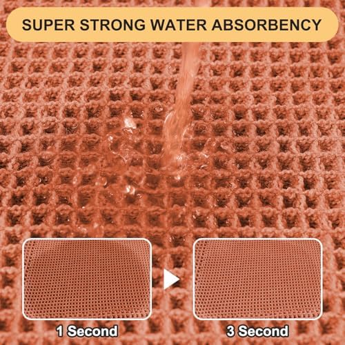 Upgrade Waffle Bath Mat Set 2 Piece, Boho Bathroom Rugs Absorbent Non Slip, Ultra Soft Bathroom Mat, Machine Washable Knit Bath Rugs with Tassels for Bathroom, Bedroom, Kitchen, Shower, Burnt Orange