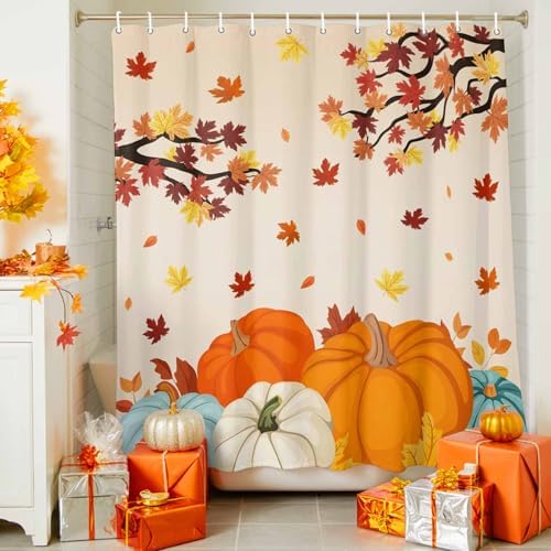 Shower Curtain Bathroom Set Fall Thanksgiving Pumpkin Maple Leaf Waterproof Shower Curtains with Grommets Hooks Orange Gradient Privacy Bath Curtain for Bathtub Decor 72x78in