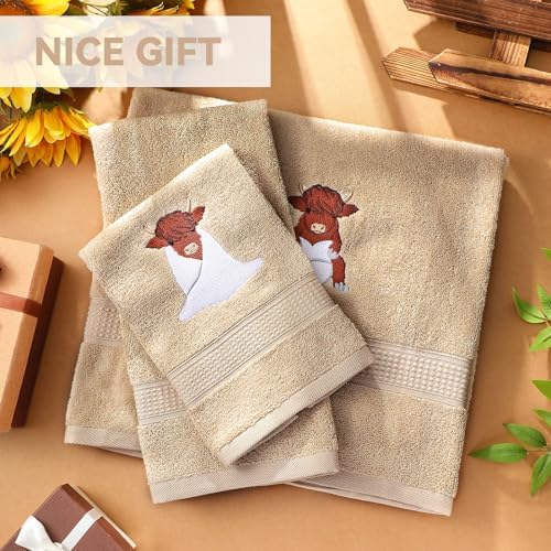 3 Pcs Highland Cow Bathroom Towel Set, Brown, 100% Cotton