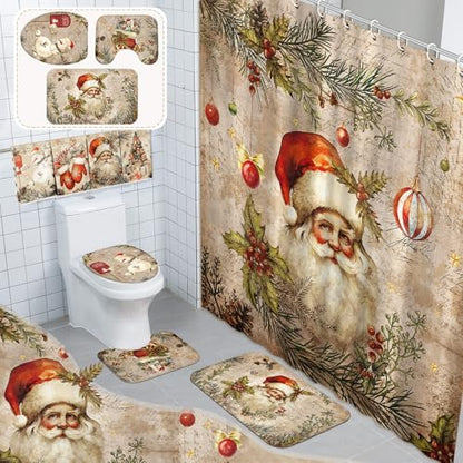 FuWeave 8 Pcs Christmas Shower Curtain Set Santa Bathroom Decor