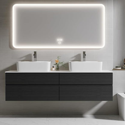 Bathroom Vanity Floating Bathroom Sink Cabinet with Ceramic Vessel Sink Wall Mounted Floating Vanity (Black & White, 59.8" W)