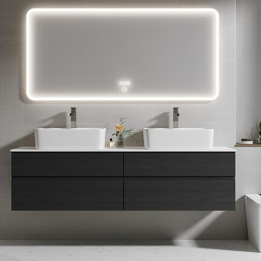Bathroom Vanity Floating Bathroom Sink Cabinet with Ceramic Vessel Sink Wall Mounted Floating Vanity (Black & White, 59.8" W)